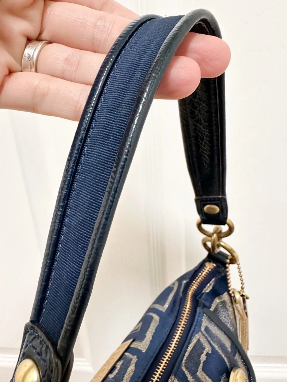 Coach Poppy Story Patch Bag Navy Metallic Gold Graffiti Satin 2Way